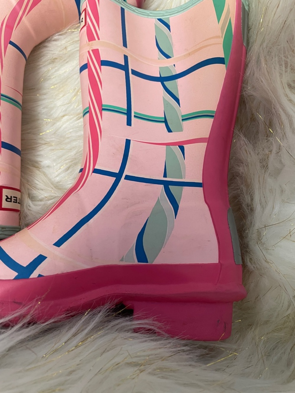 Hunter Pink and Teal Patterned Kids Rain Boots - Picture 3 of 13